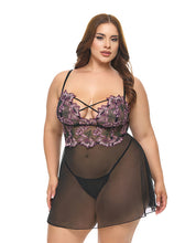 Adela Embroidered Boned Lace and Mesh Babydoll w/G-String 2 pc Set - Black/Pink SM