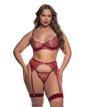 Beaded Belle Metallic Embroidered w/Bead Lace Top, Thong & Garter 3 pc Set - Red XS