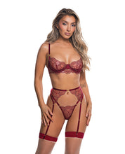 Beaded Belle Metallic Embroidered w/Bead Lace Top, Thong & Garter 3 pc Set - Red XS