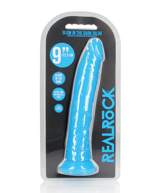 Shots RealRock 9' Slim Dildo Glow in the Dark - Neon Blue