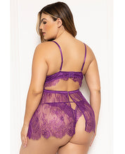 Floral Eyelash Lace Underwire Babydoll w/Thong 2 pc Set - Purple SM