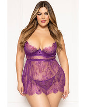 Floral Eyelash Lace Underwire Babydoll w/Thong 2 pc Set - Purple SM