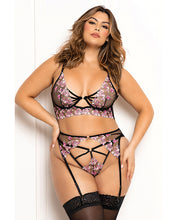 Floral Lace and Mesh Long Line Underwire Bra w/Garter & G-String - Black/Pink SM