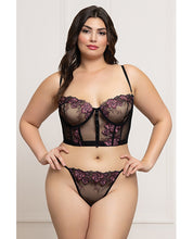 Floral Lace and Mesh Underwire Bustier w/Thong 2 pc Set - Black/Purple SM