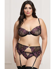 Floral Lace and Mesh Underwire Bra w/Garter & Thong 3 pc Set - Black/Purple SM
