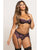 Floral Lace and Mesh Underwire Bra w/Garter & Thong 3 pc Set - Black/Purple SM