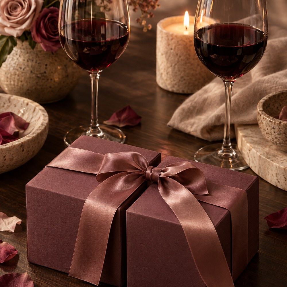 Two mauve gift boxes tied with one ribbon