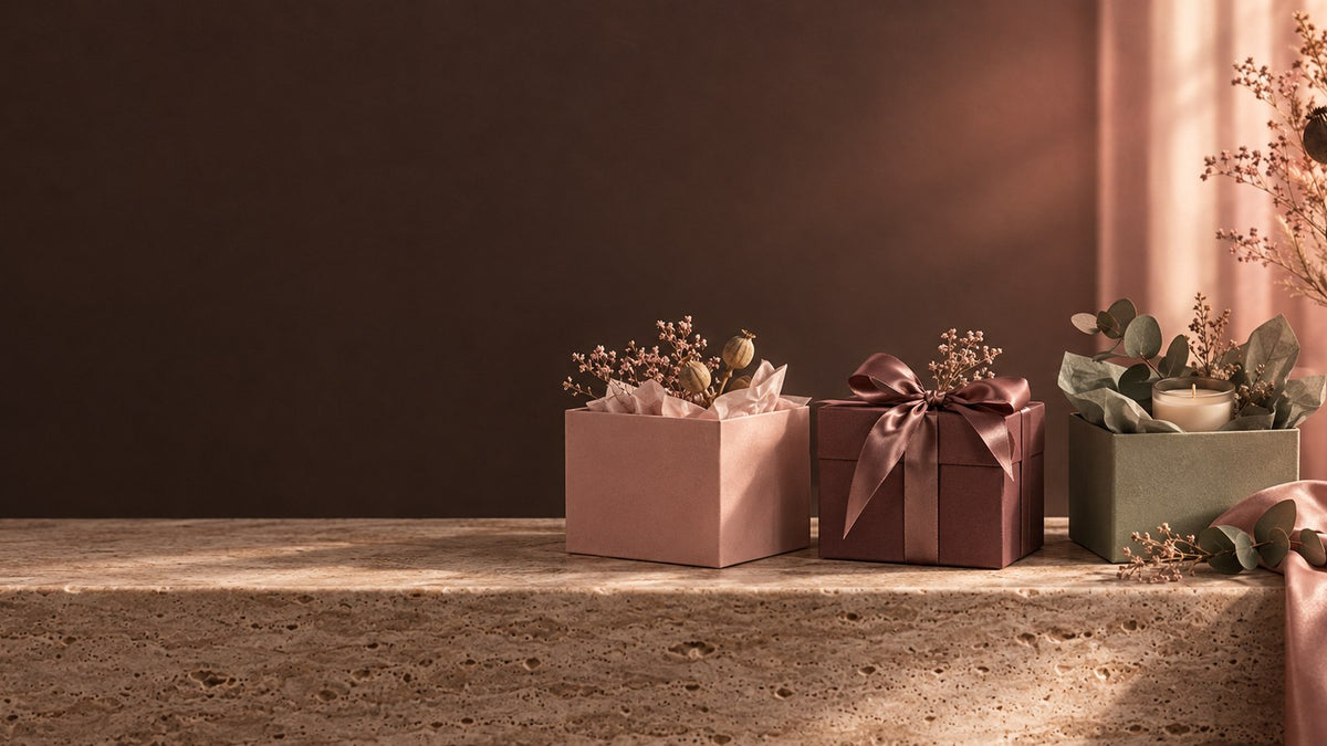 Three gift boxes in blush, mauve and sage