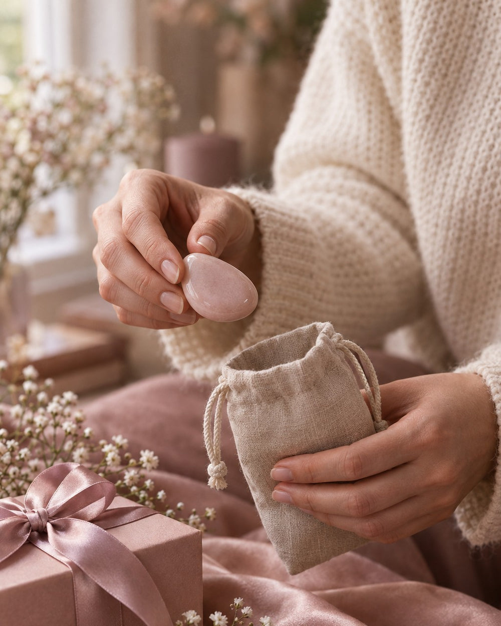 Hands holding a blush pebble over a linen pouch
