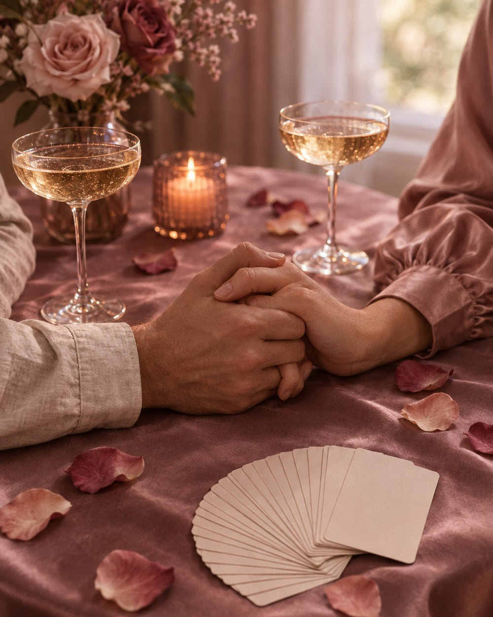 Two people holding hands at a candlelit table