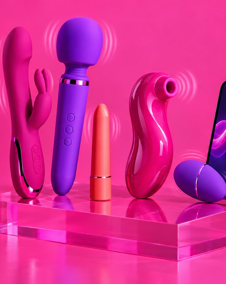 Bright rabbit, wand, bullet and suction vibrators on hot pink
