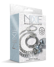 Nixie Metal Butt Plug w/Inlaid Jewel & Fur Cuff Set - Silver Metallic