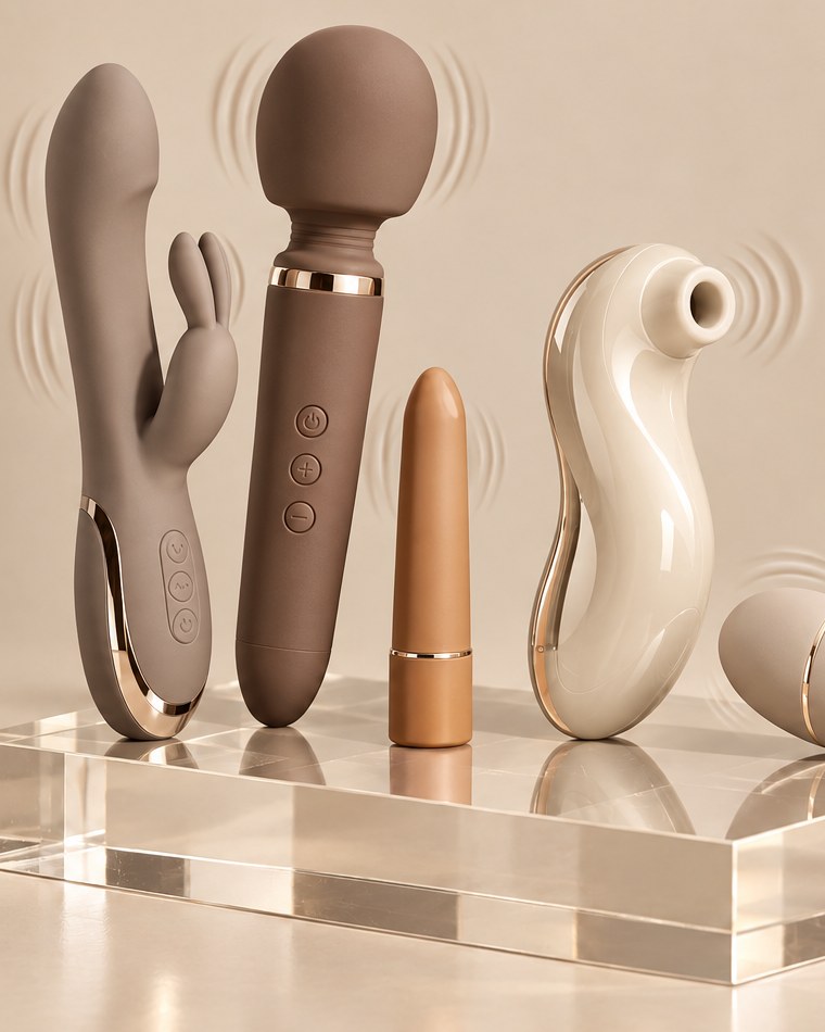 Bright rabbit, wand, bullet and suction vibrators on hot pink