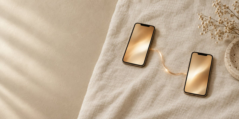 Two smartphones on ivory linen linked by a thin glowing caramel ribbon, suggesting connection across a distance