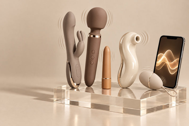 Assorted vibrators in taupe, cocoa, caramel and ivory on a clear acrylic stand
